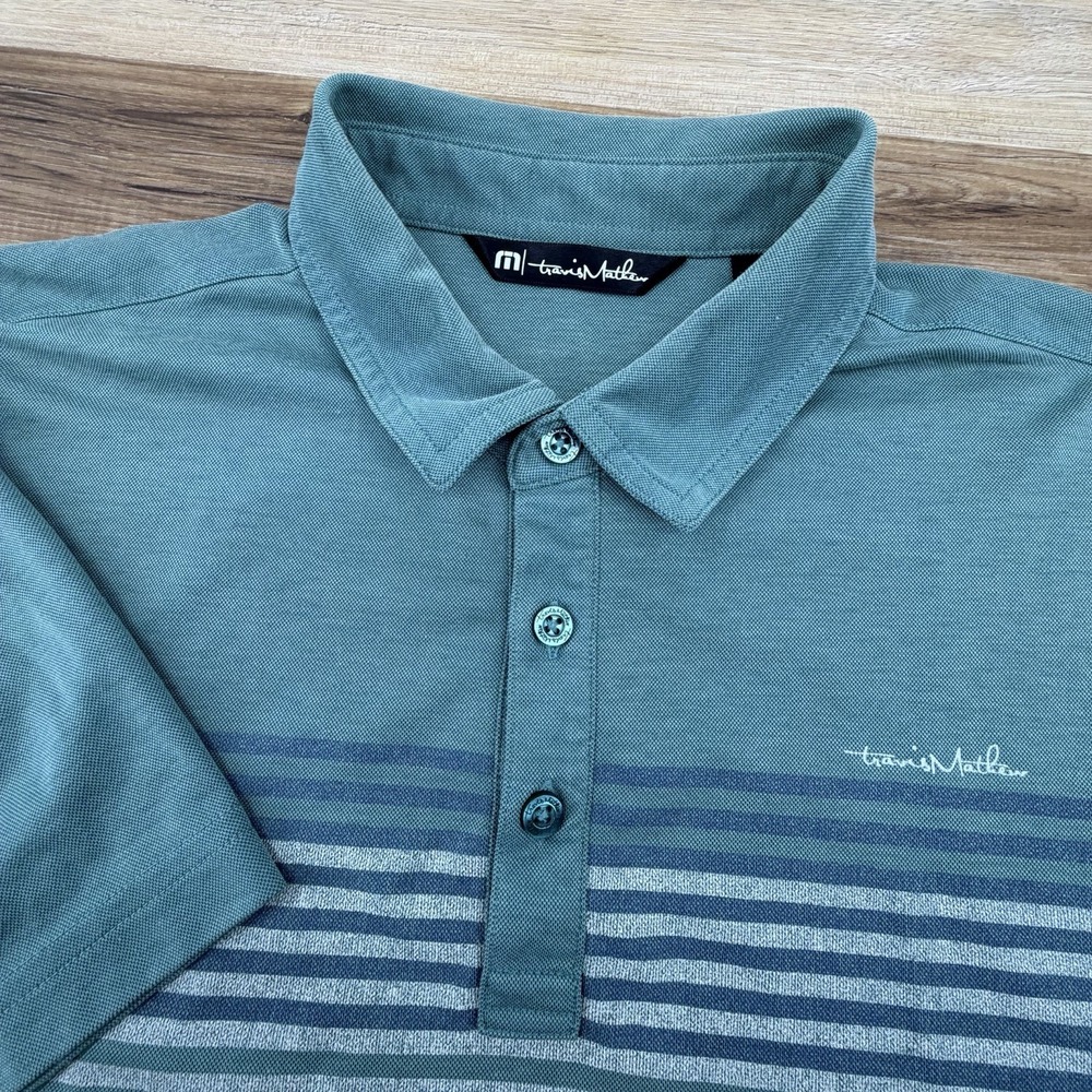 Travis Mathew Mens M Green Chest Stripe‎ Performance Stretch Polo Short Sleeve